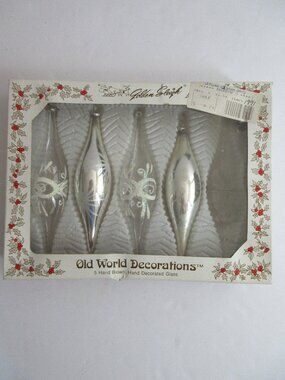 4 Golden Sleigh Old World  Glass Icicle Teardrop Christmas Ornaments *READ*